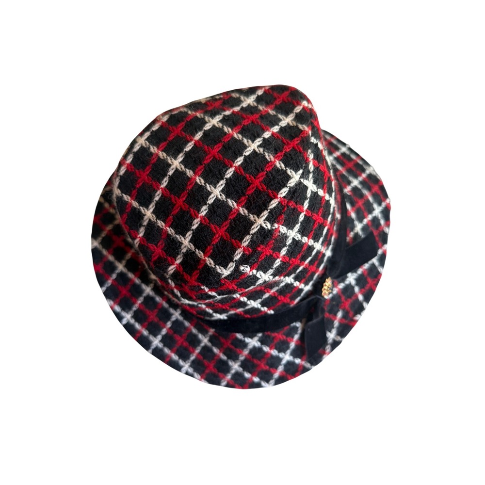 Liz Claiborne Bucket Hat Red Black White Plaid Wool Velvet Band Floral Jewel - Picture 2 of 6